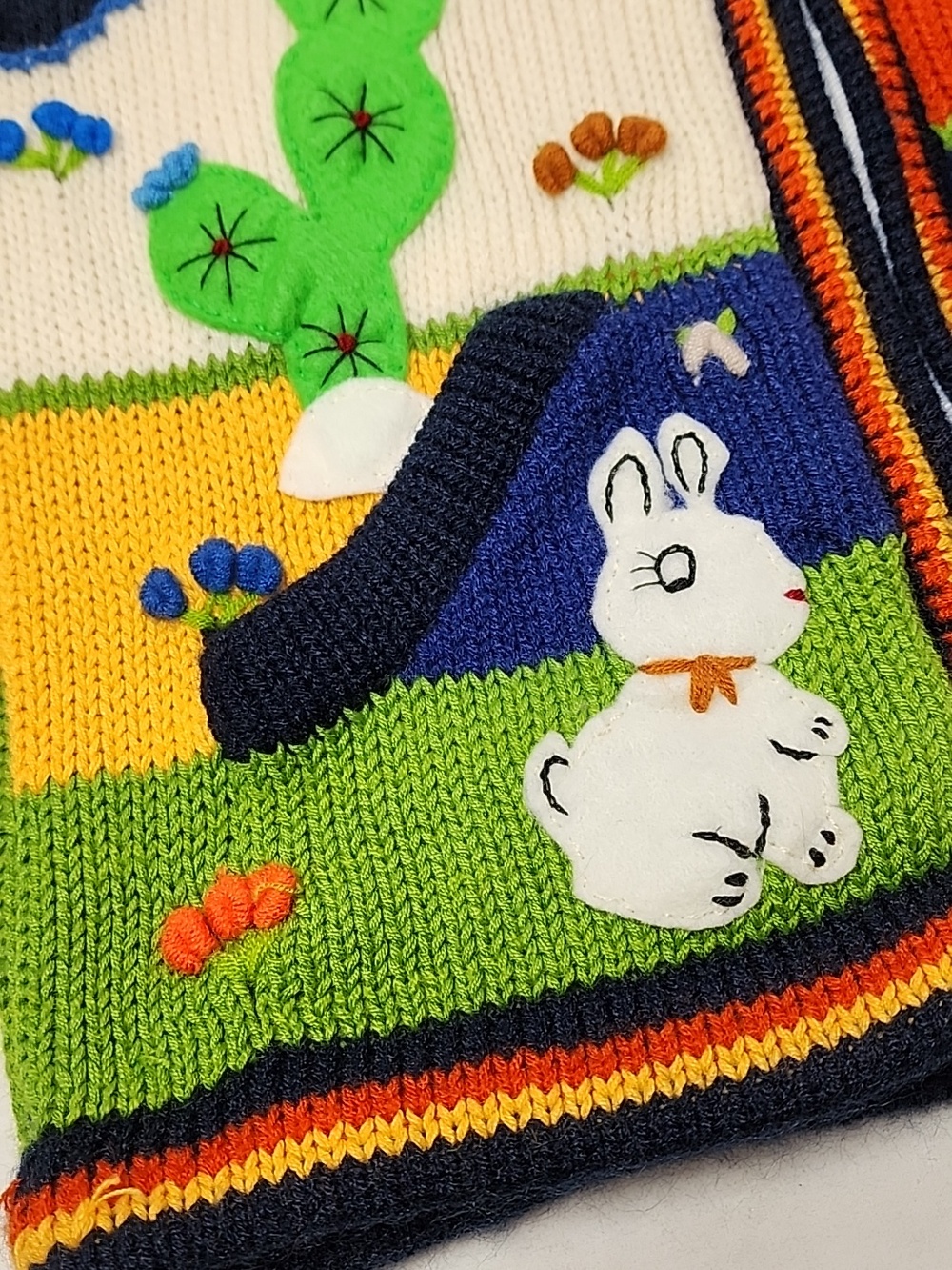 Peruvian Child's Colorful Hand-Knit Hooded Zip Cardigan Animals Rainbow Stripes - Picture 4 of 11